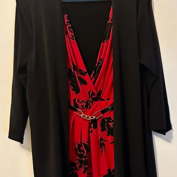 Jaclyn Smith Collection XL Red Black Floral Faux Wrap Dress Overlay Cardigan - Picture 4 of 16